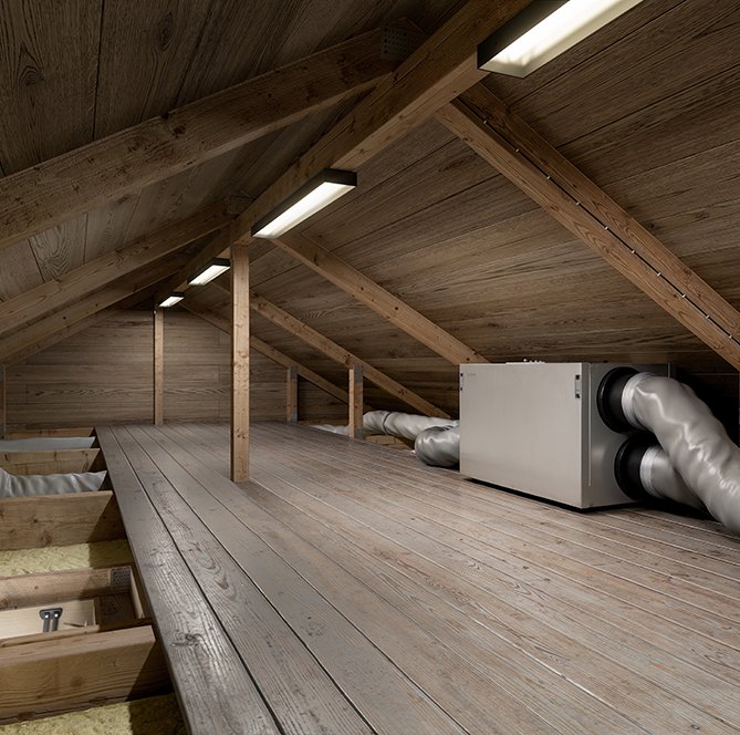 Nordic L6 ventilasjonsaggregat montert på loft med tilkoblede ventilasjonskanaler