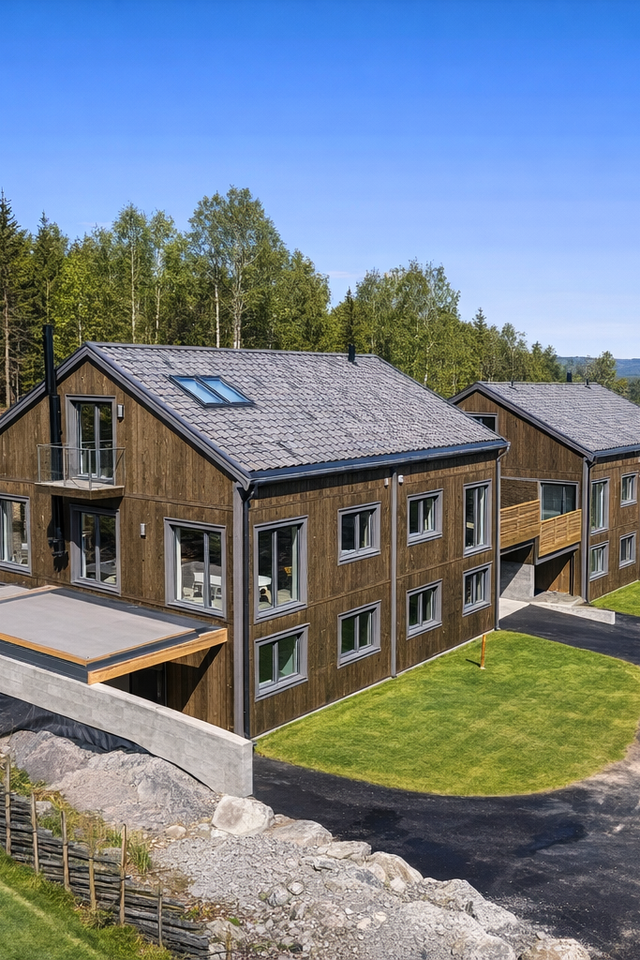 Nyere boligbebyggelse med trehus og grønne uteområder, del av boligprosjekt med installert Econordic inneklimasentral.