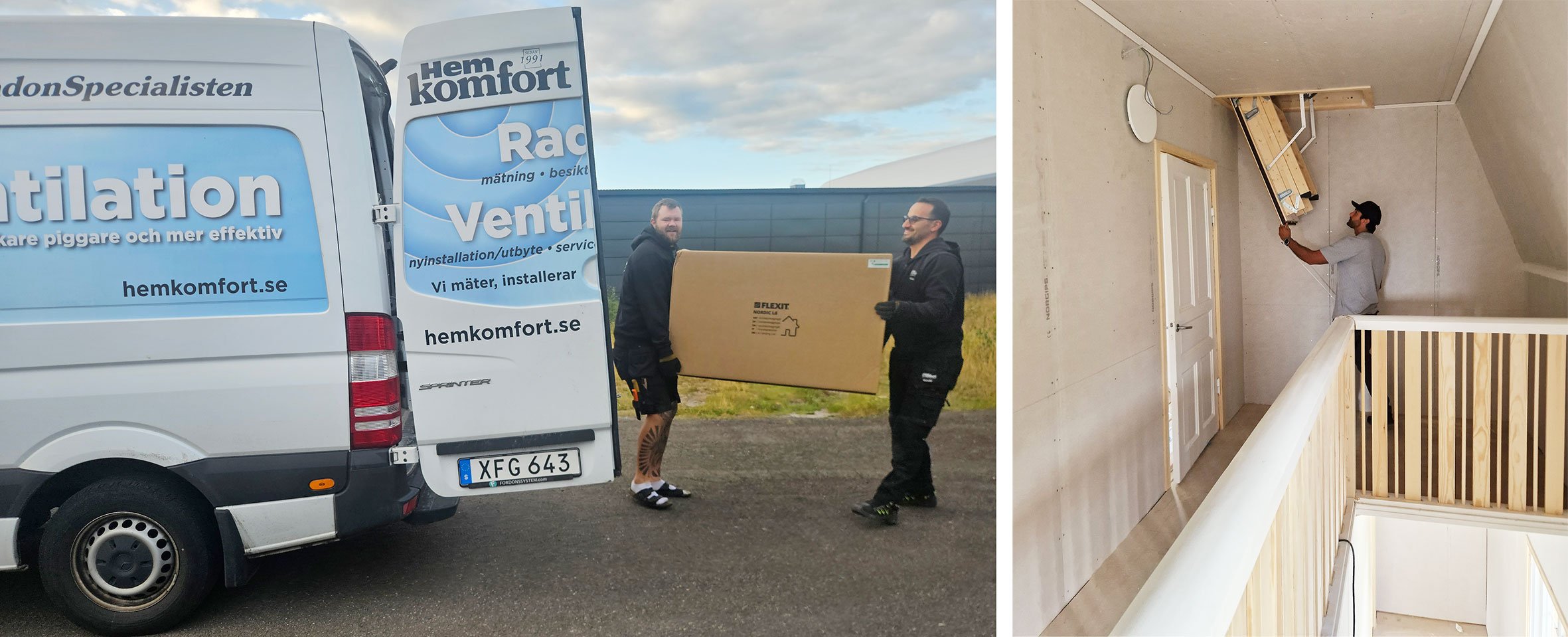 Installatörer vid servicebil samt installation i bostad