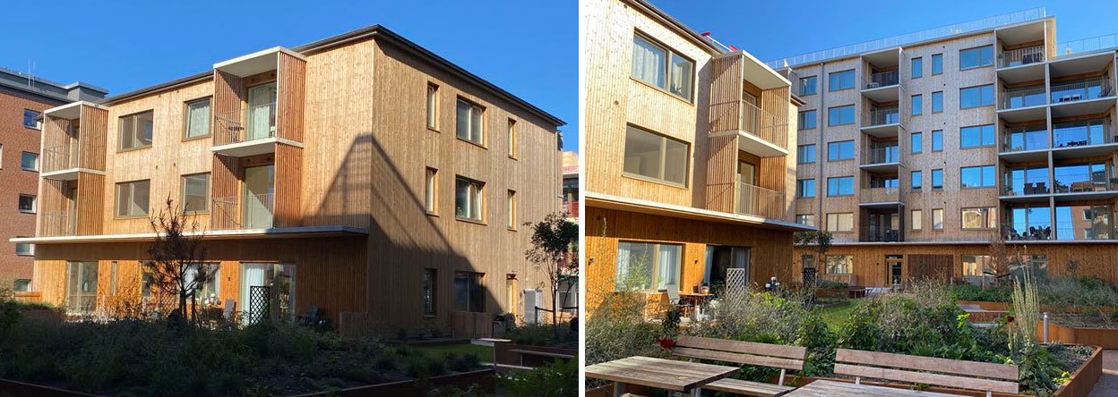 Flerbostadshus i trä och tegel vid bostadsområdet Terrassen i Eslöv