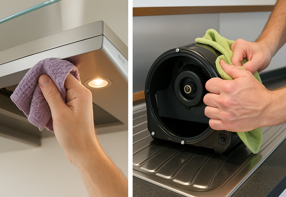 Rengjøring av kjøkkenhette og ventilasjonsvifte med klut.