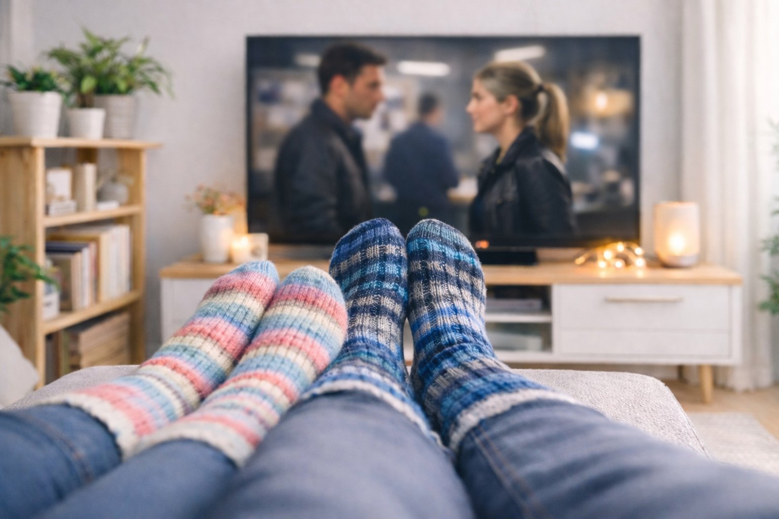 Personer slapper av i sofaen hjemme med varme sokker og TV i bakgrunnen