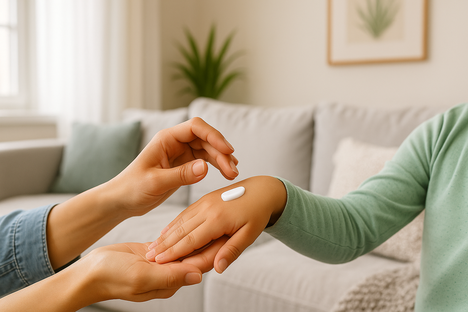 Hender som påfører krem på hud som illustrasjon på plager ved tørr inneluft.