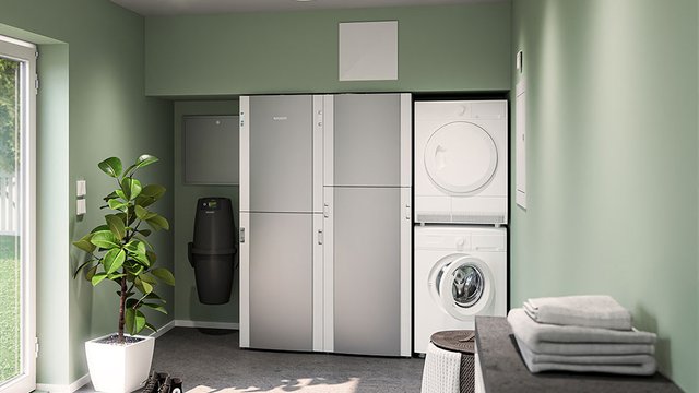 EcoNordic combines heating, ventilation and domestic hot water in one compact unit for residential use. This image shows a typical installation in a utility room, supporting energy-efficient operation and a stable indoor climate year-round.