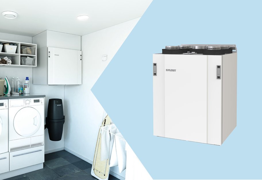 Flexit Nordic ventilasjonsaggregat montert på vegg i en lys og ryddig tvättstue.