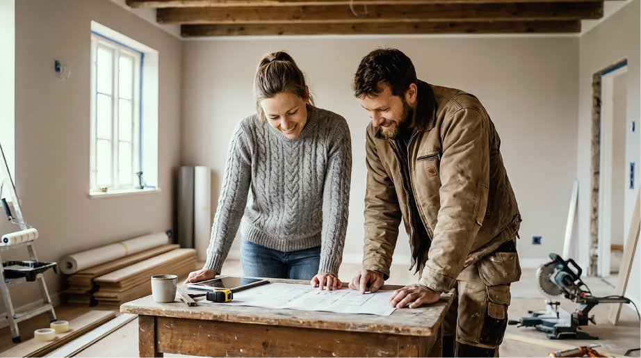 To personer planlegger boligoppussing innendørs, stående ved et bord med byggetegninger i et rom under renovering.