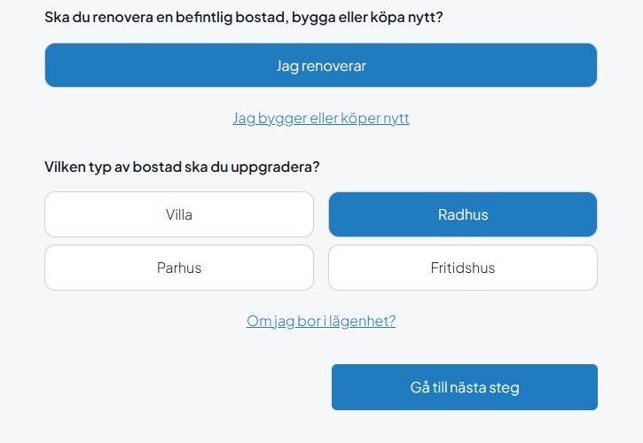 Skärmbild av Inneklimatguiden med val för bostadstyp och utmaning kopplad till dåligt inomhusklimat.