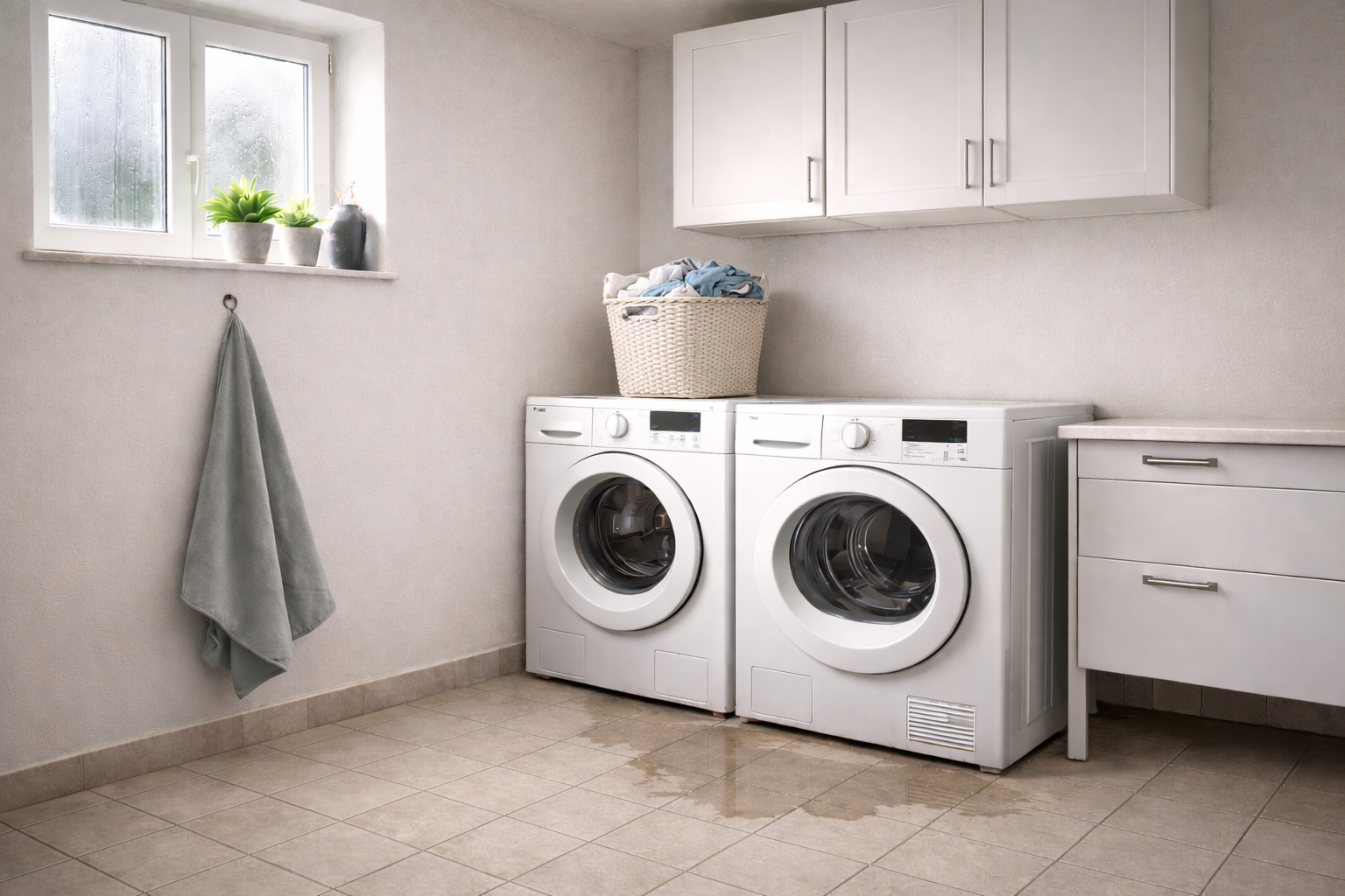 Vaskerom med synlig fukt på gulv rundt vaskemaskin og tørketrommel, som indikerer utilstrekkelig ventilasjon.