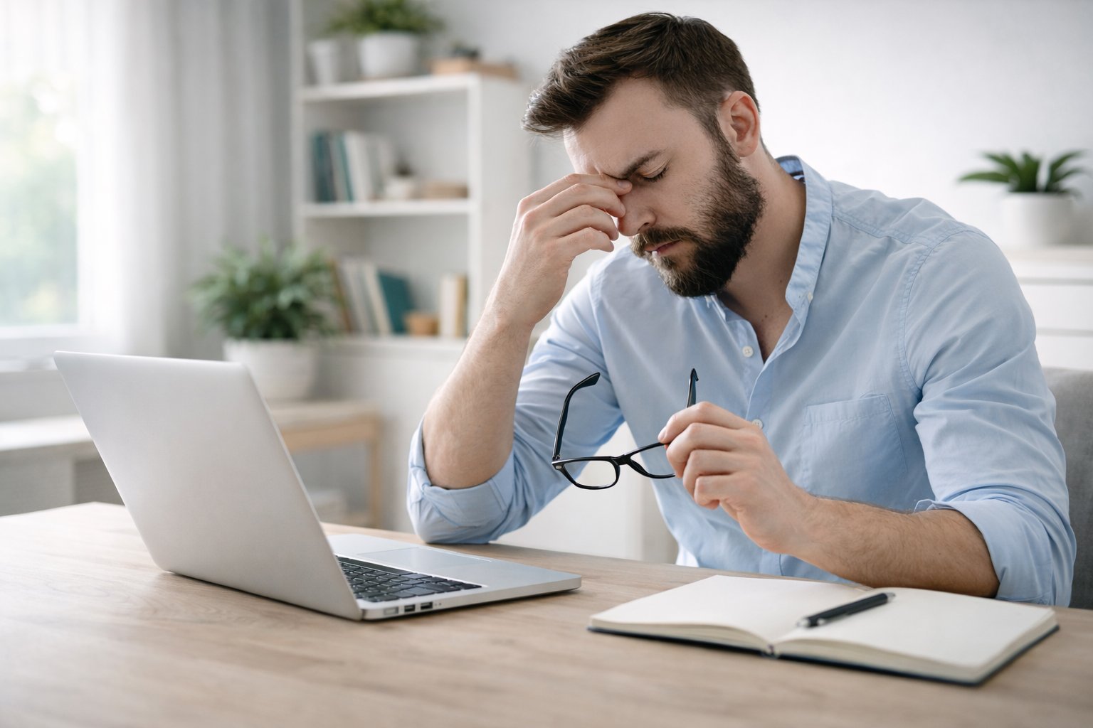 Mann sitter ved skrivebord i hjemmekontor og holder seg for hodet foran bærbar PC.