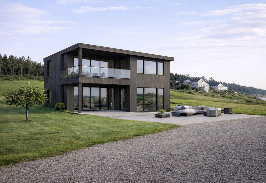 Moderne enebolig med store vindusflater og terrasse i grønne omgivelser.