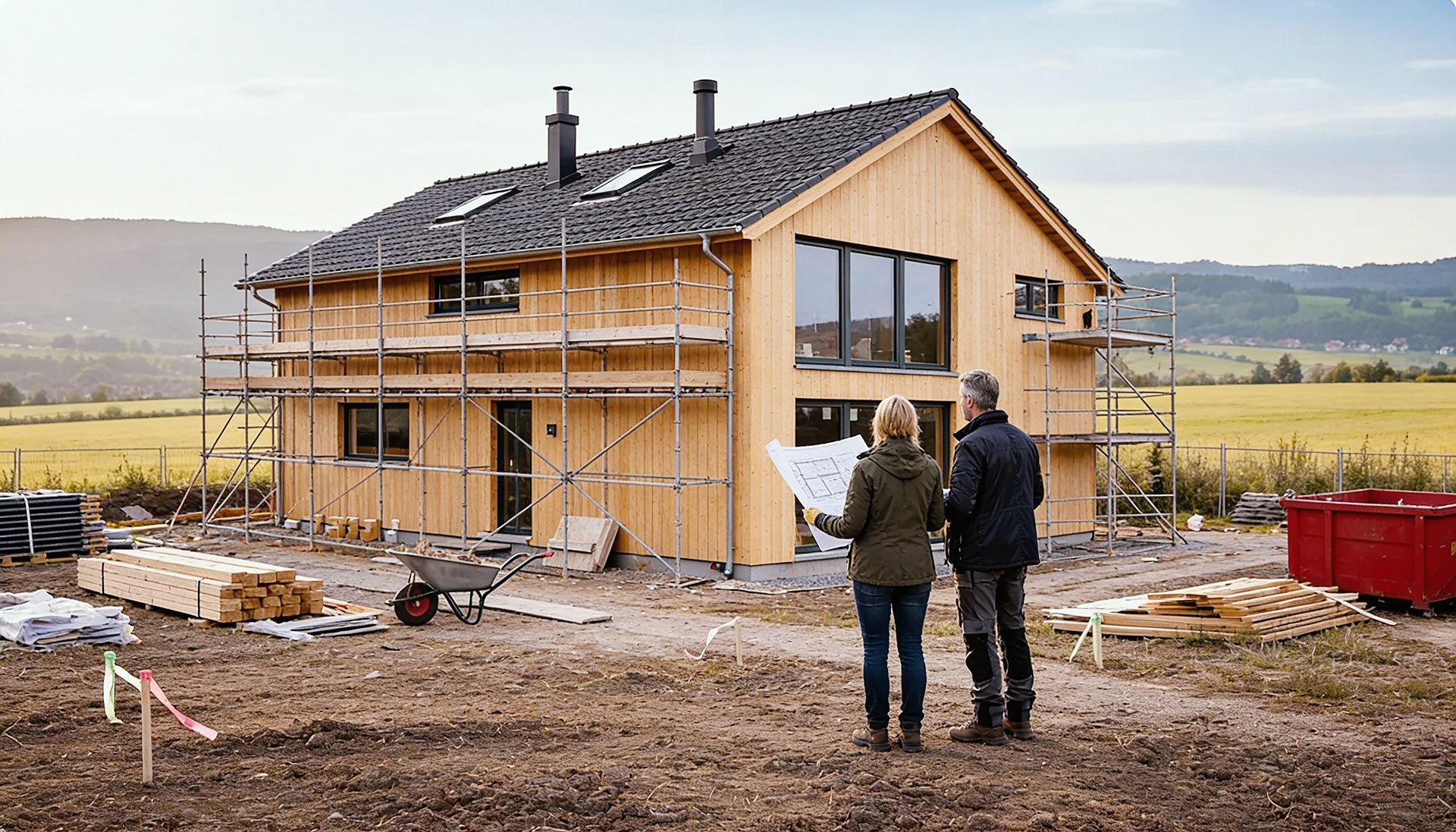 Ny enebolig under oppføring, med stillas rundt bygget og to personer som ser på byggetegninger på tomten.