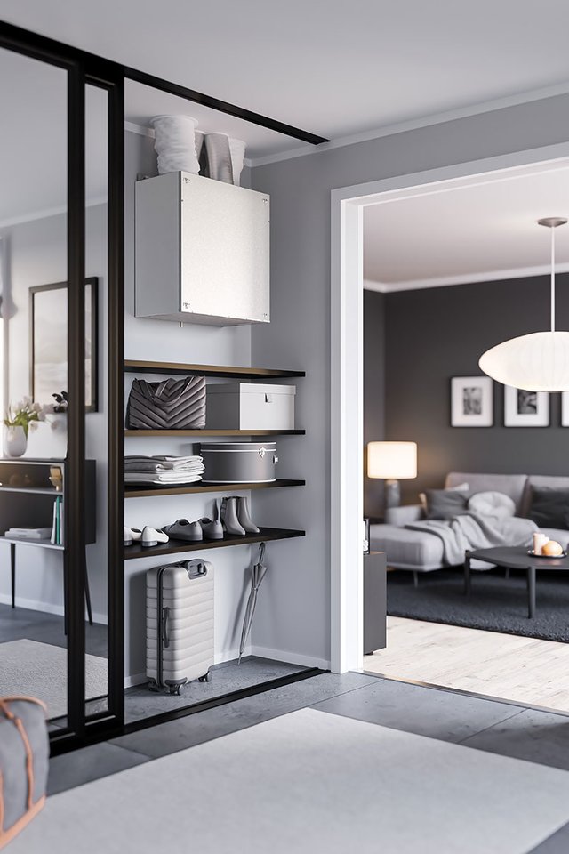 Nordic ventilasjonsaggregat installert i gang og integrert i et moderne boliginteriør