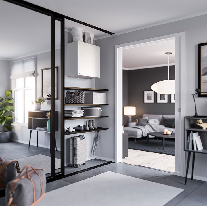 Nordic ventilasjonsaggregat installert i gang og integrert i et moderne boliginteriør