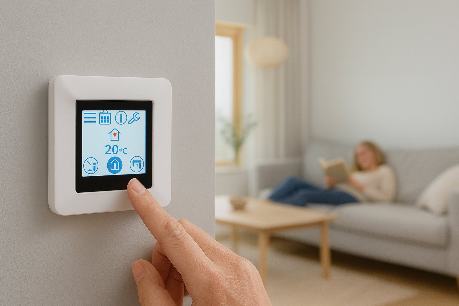 NordicPanel veggmontert betjeningspanel for ventilasjon, der bruker justerer luftmengde og temperatur.