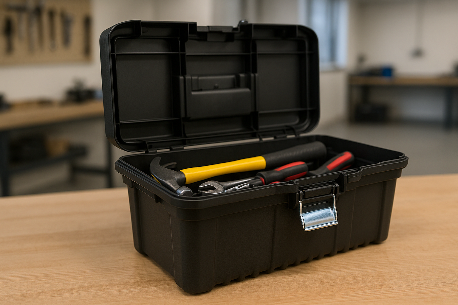 Åpen, profesjonell verktøykasse i plast med håndverktøy liggende inni, plassert på arbeidsbord i verkstedmiljø.