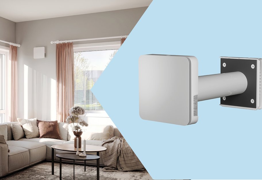 To veggmonterte romventilatorer installert i en lys og moderne stue.