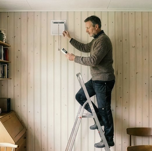 Person monterer eller justerer ventilasjonsventil på vegg i eldre bolig, stående på stige i et oppholdsrom.