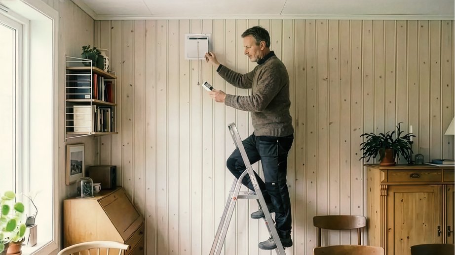 Person monterer eller justerer ventilasjonsventil på vegg i eldre bolig, stående på stige i et oppholdsrom.